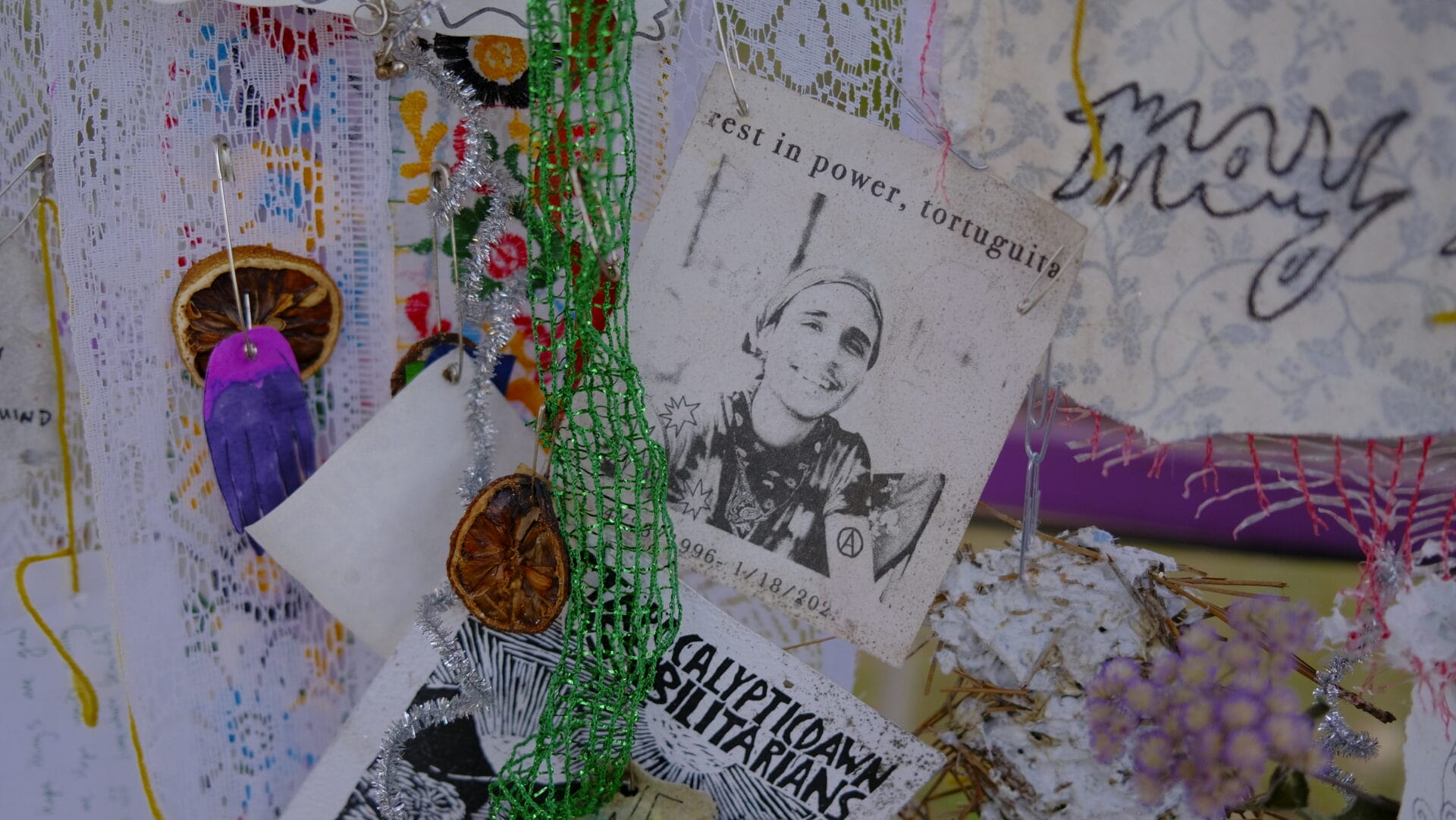 A picture of Manuel "Tortuguita" Terán hangs in the VRT lab as part of an altar for collective grief and mourning. Photo credit: Maggie Kane.